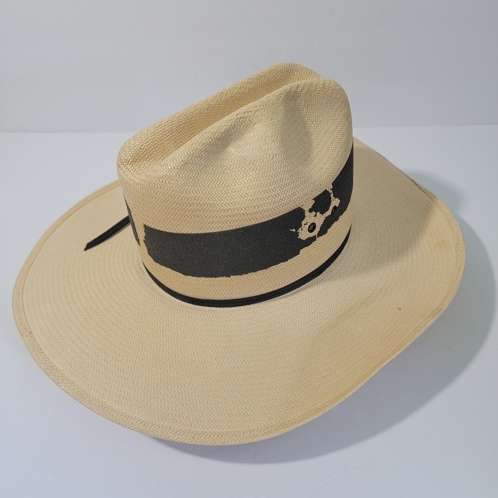 Larry Mahan The Corral By Milano Hat Tan Bandido 100% Straw Hat 6/8-55 Long Oval - Picture 3 of 12